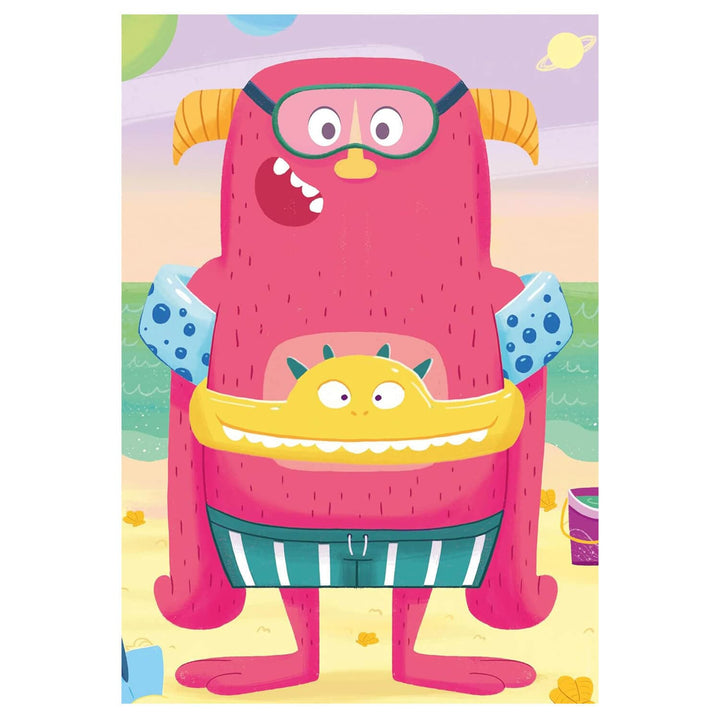Bright pink monster design with goggles and striped shorts