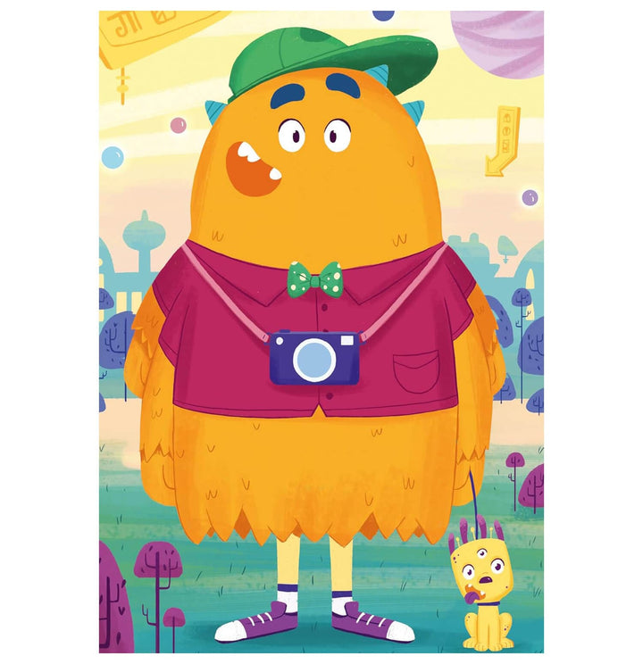Bright orange monster with camera and baseball cap