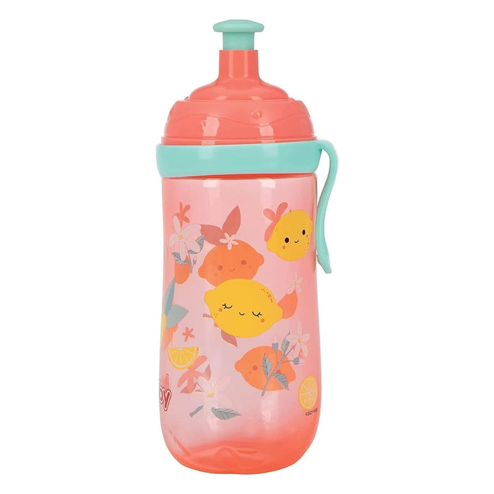 Toddlers pink water bottle with lemon design and clip handle