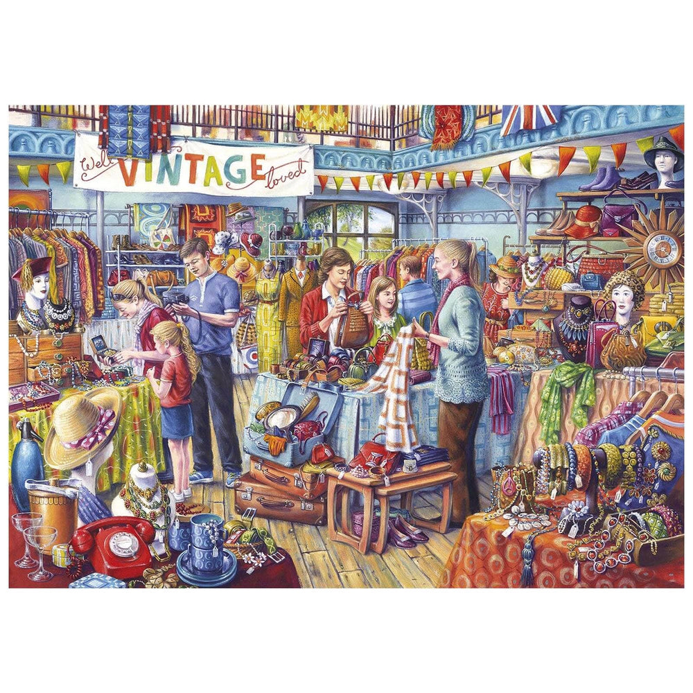 Illustrated scene of a vintage sale with people and clothes and treasures