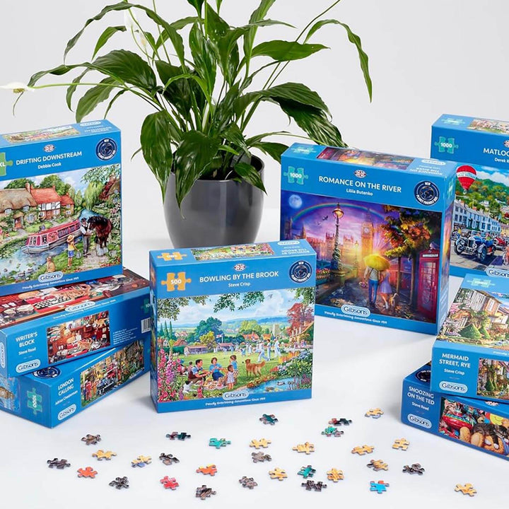 A selection of jigsaw puzzles from Gibsons with peace lily plant