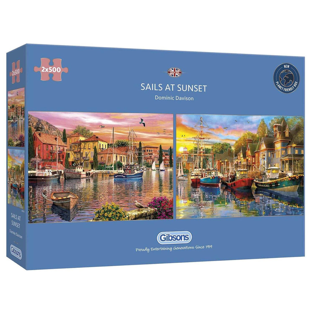 Box of 2x500 piece jigsaw puzzles with sails at sunset theme images