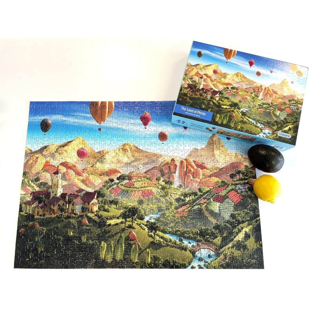 Completed jigsaw puzzle of a food landscape