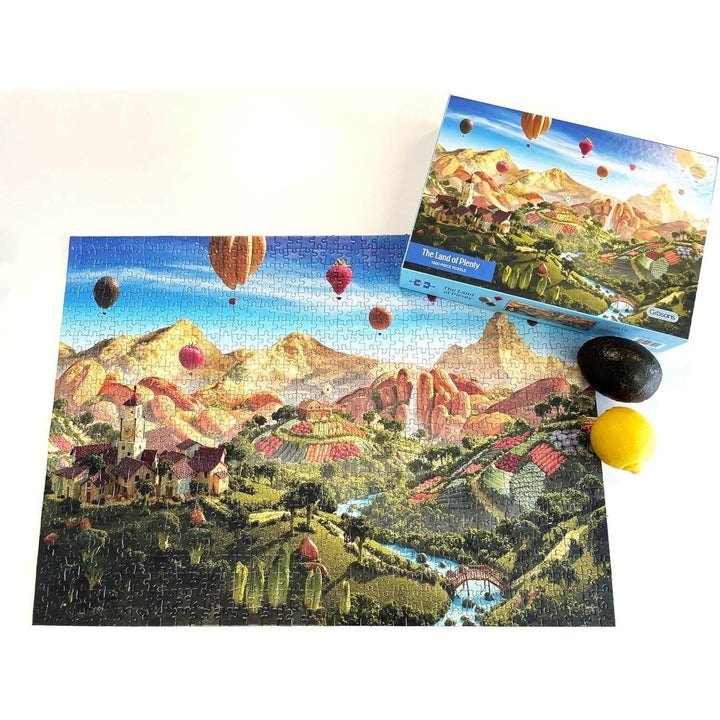 Completed jigsaw puzzle of a food landscape