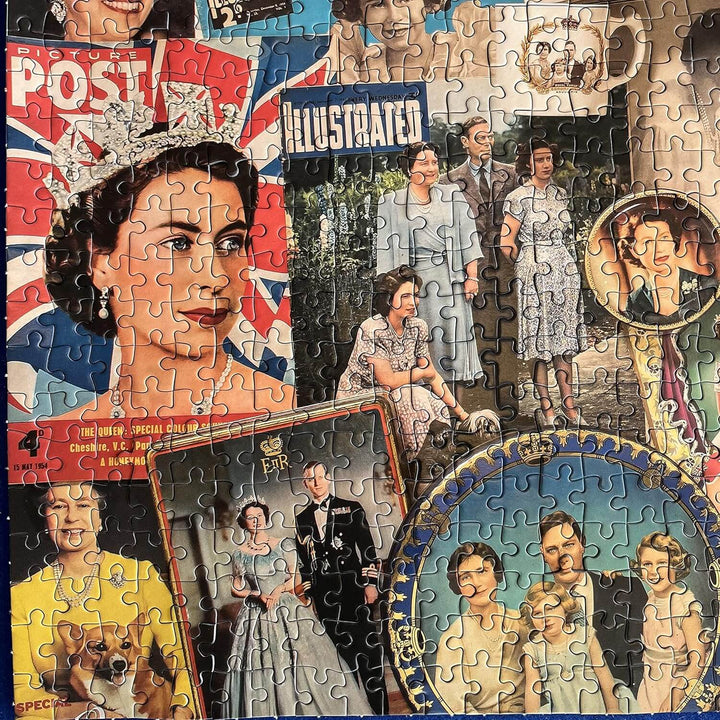 Close up of a completed section of a jigsaw puzzle featuring images of Queen Elizabeth II