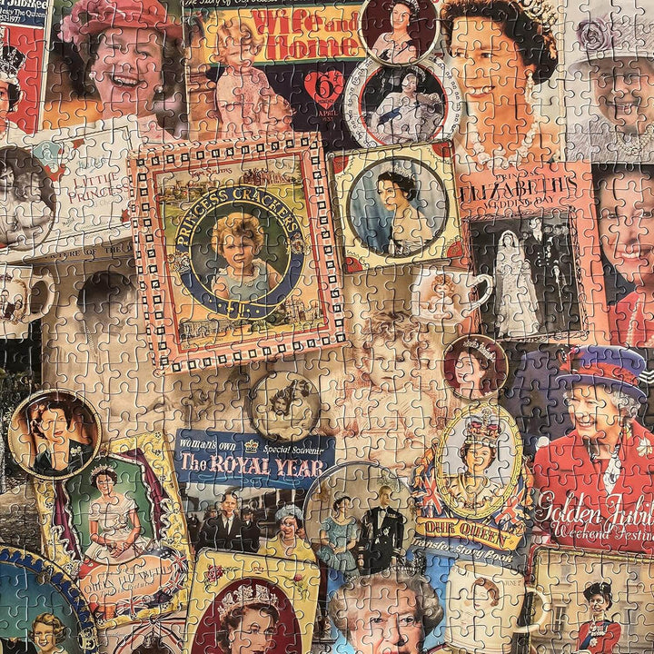 A completed section of a jigsaw featuring pictures through the ages of the queen