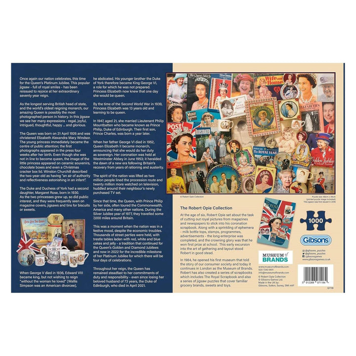 Back of the box of Our Glorious Queen 1000 piece jigsaw puzzle
