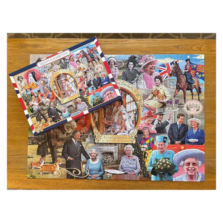 Completed 1000 piece jigsaw puzzle of Queen Elizabeth II through the years