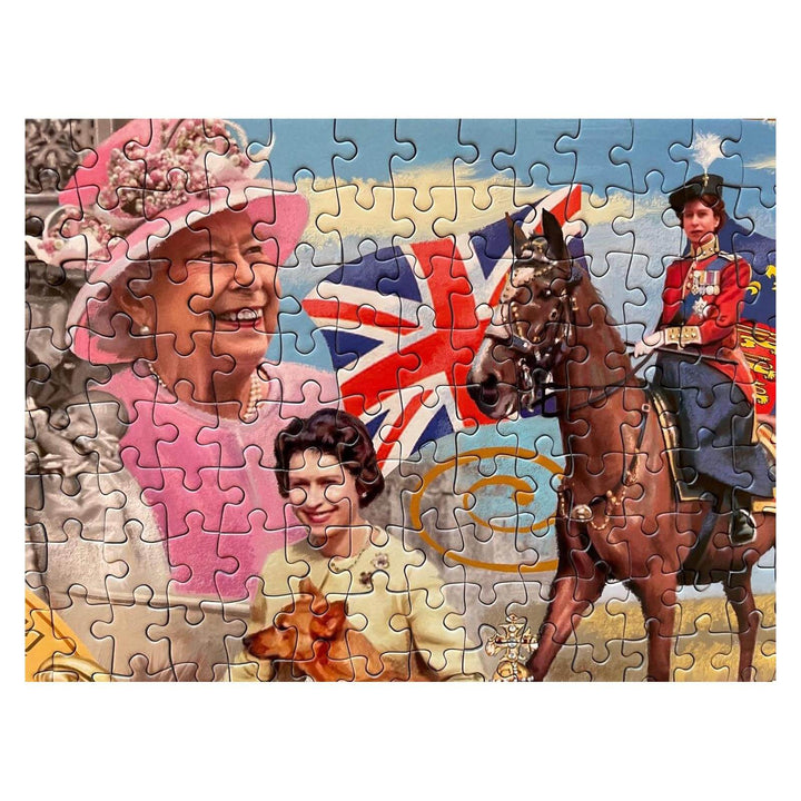 Detail of a completed section of a jigsaw featuring the queen on a horse