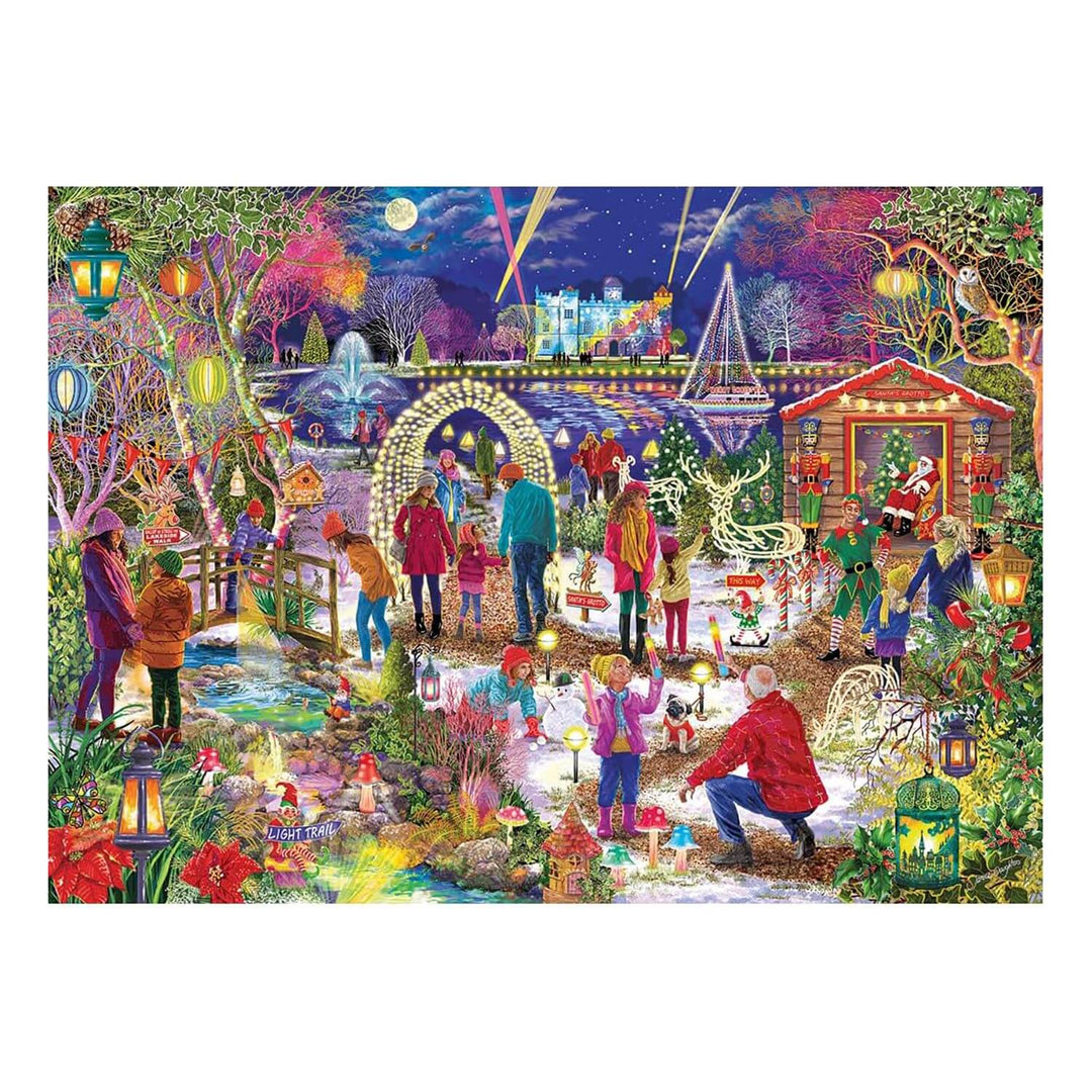 Illustrated Christmas scene with colourful light trail
