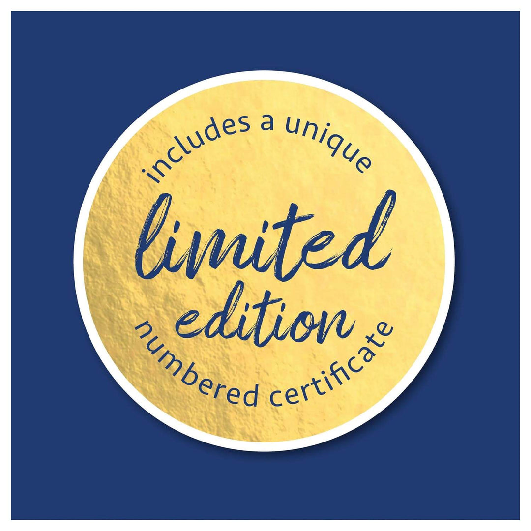 Gold limited edition sticker on a navy blue background