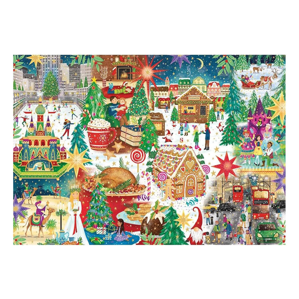 Illustrated Christmas scenes from around the world with festive icons