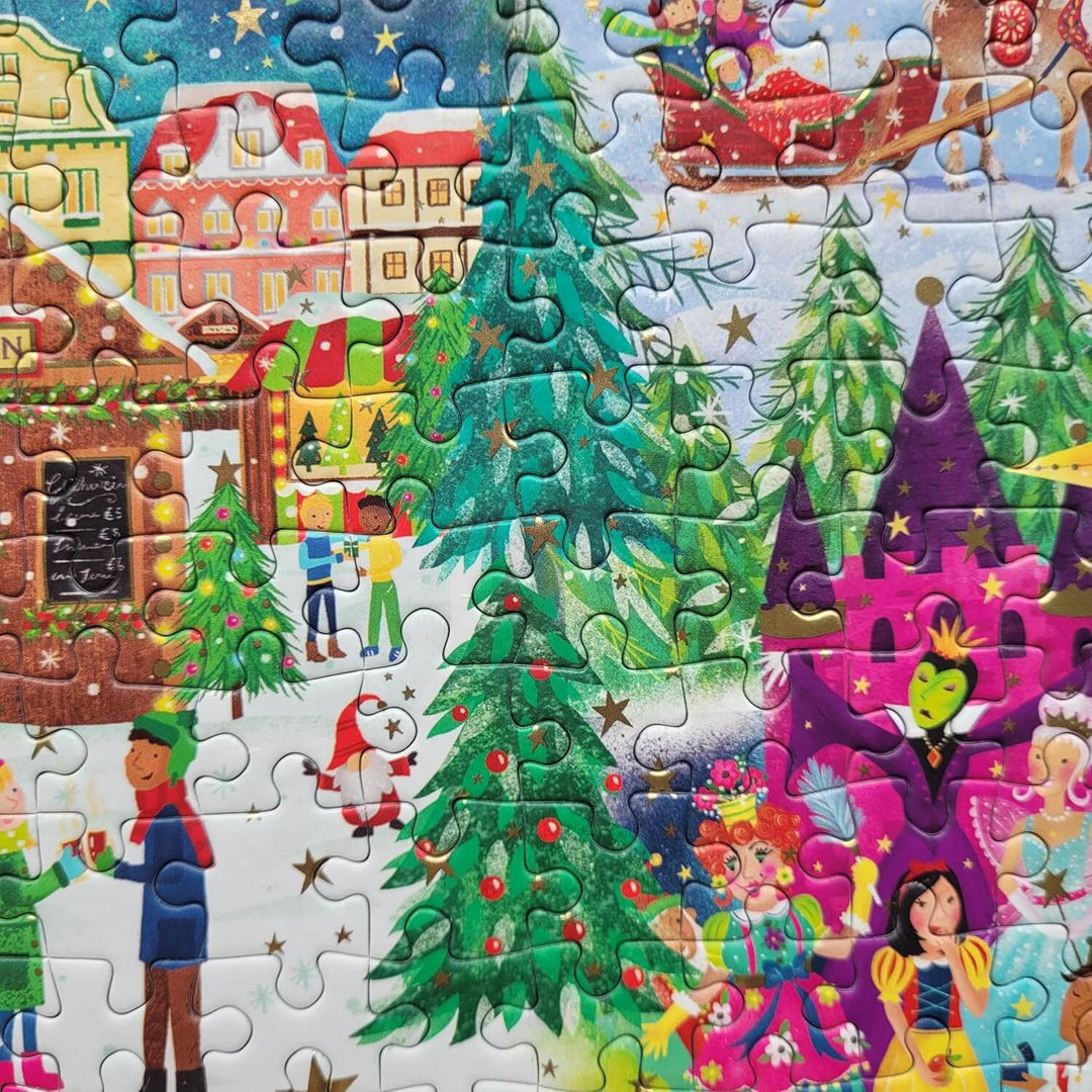 Close up of a completed section of a Christmas jigsaw puzzle