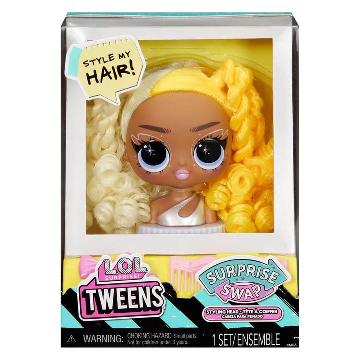 LOL Surprise Styling Head with yellow hair and pink hair accessories