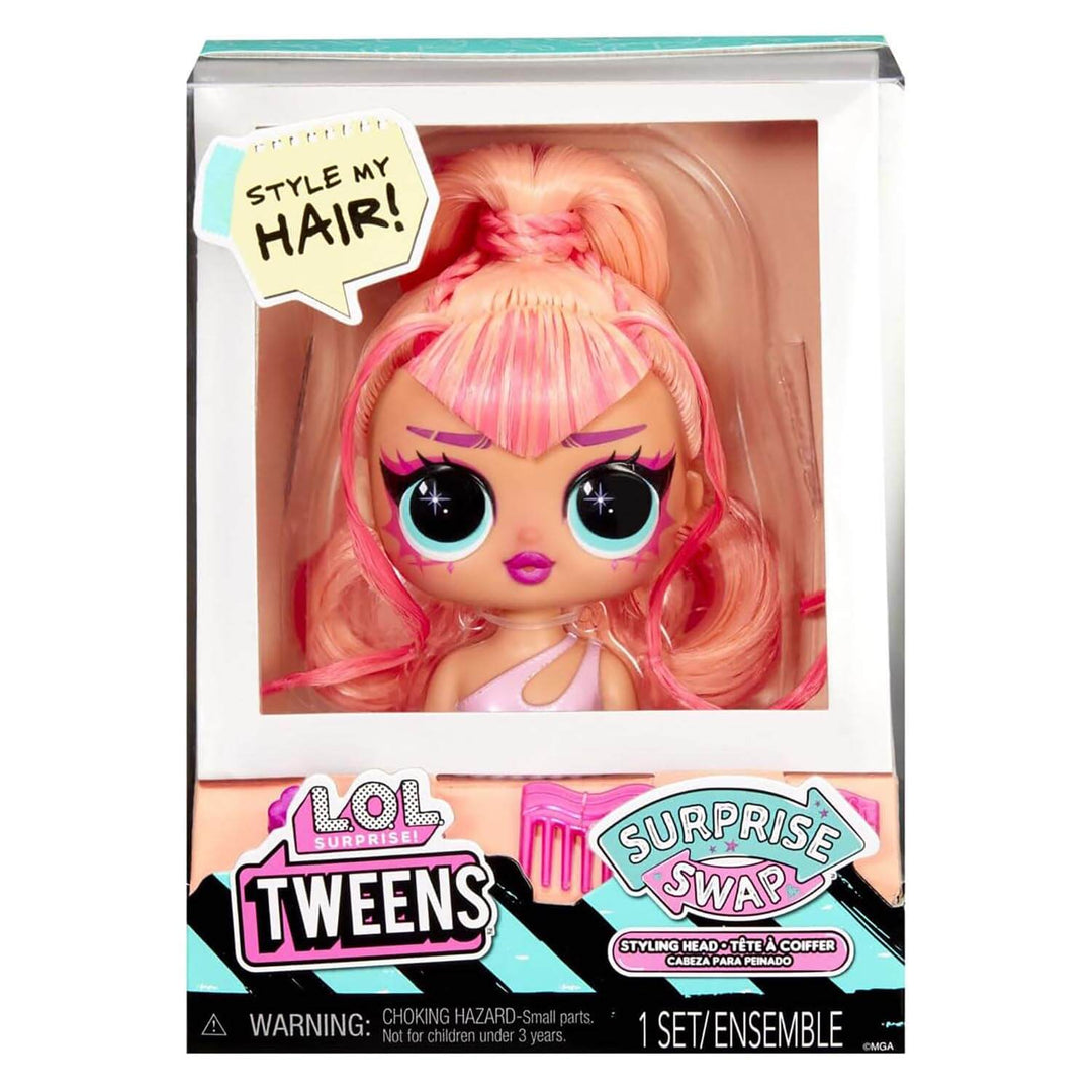 LOL Surprise Styling Head with peach and pink hair and pink hair accessories
