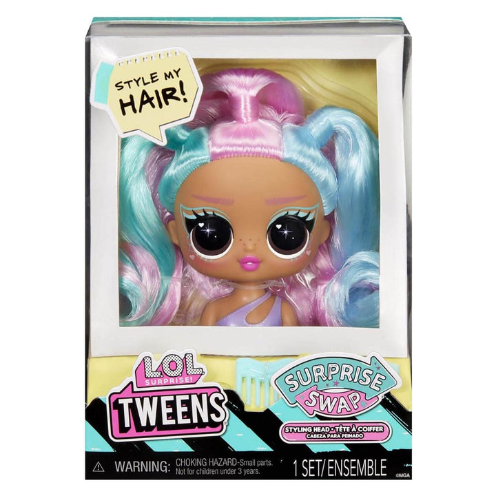 LOL Surprise Styling Head with baby pink and blue hair and blue hair accessories