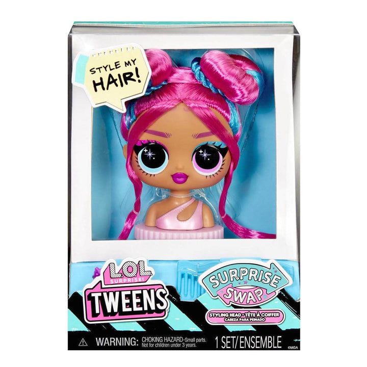LOL Surprise Styling Head with bright pink hair and blue/purple hair accessories