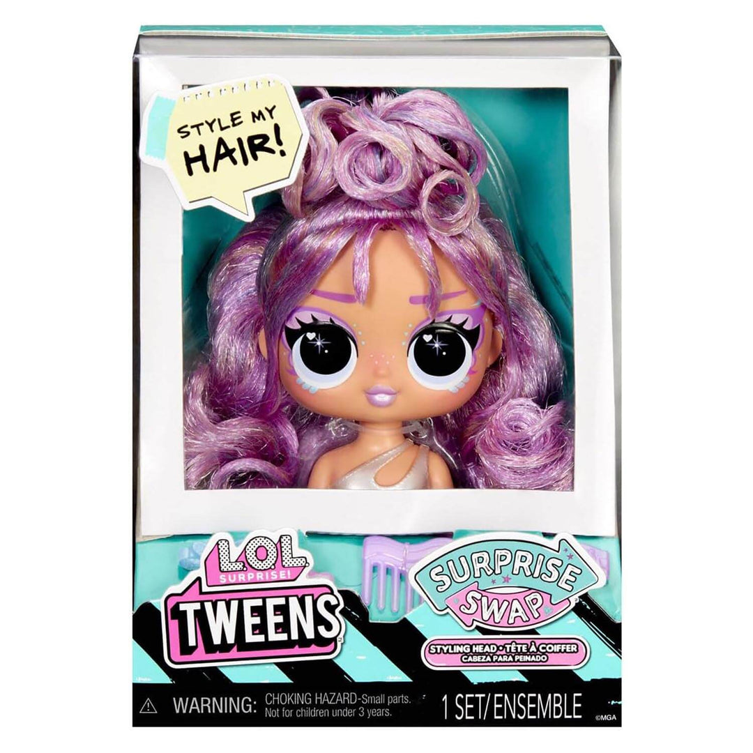 LOL Surprise Styling Head with purple hair and blue hair accessories