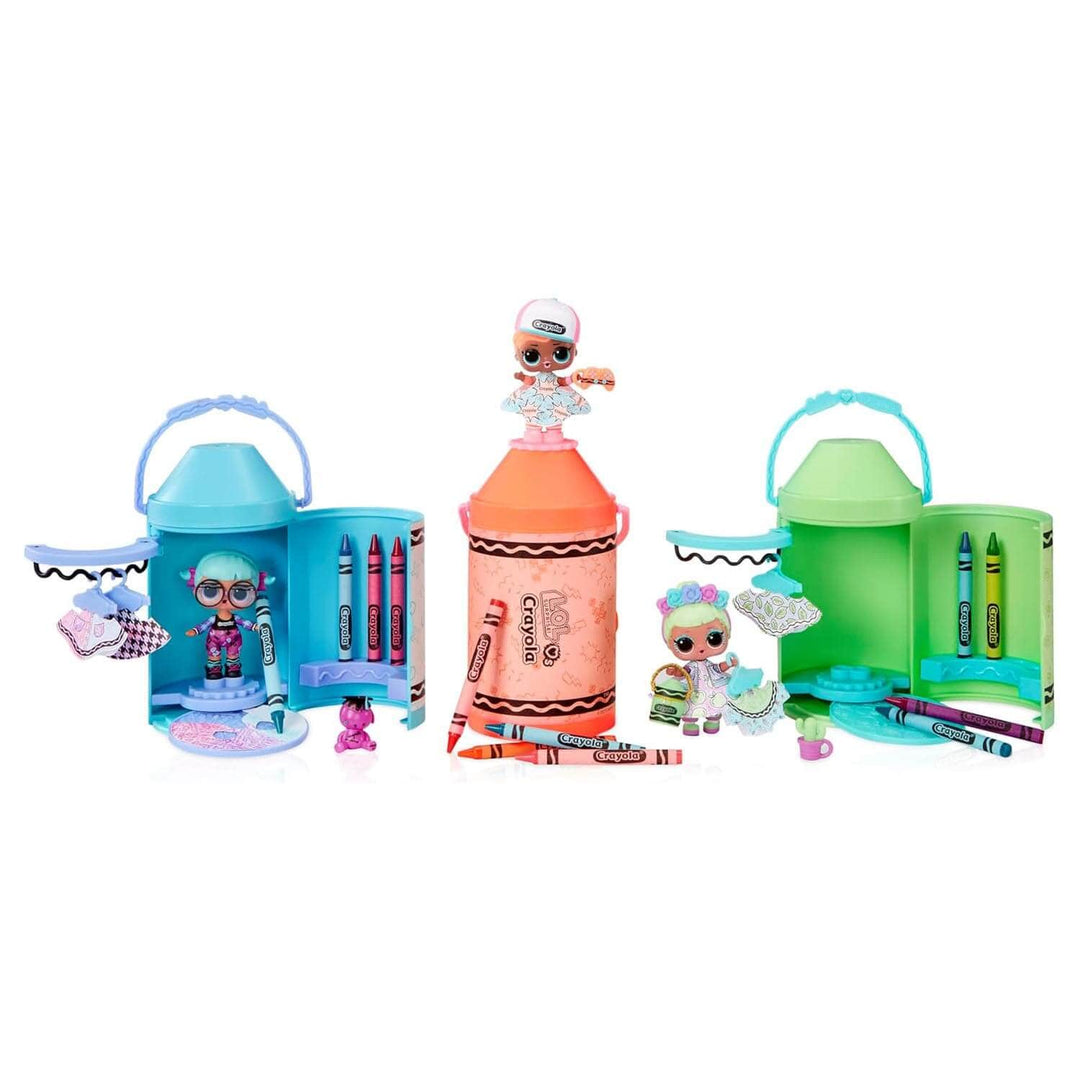 three different coloured crayon shaped cases with dolls