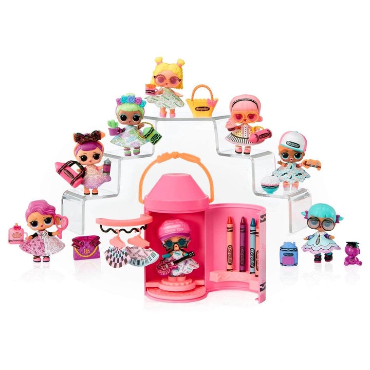 Pink crayon shaped art case with 8 fashion dolls
