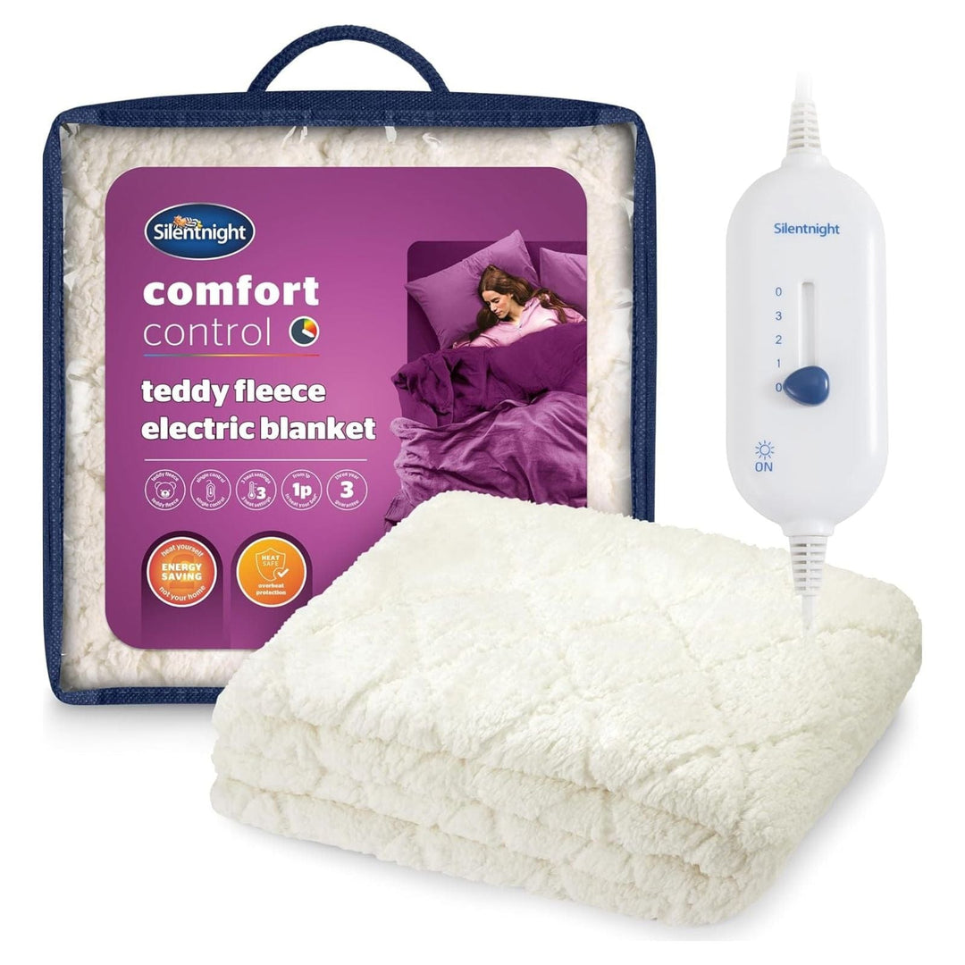 Silentnight teddy fleece electric blanket with packaging and controller on a white background