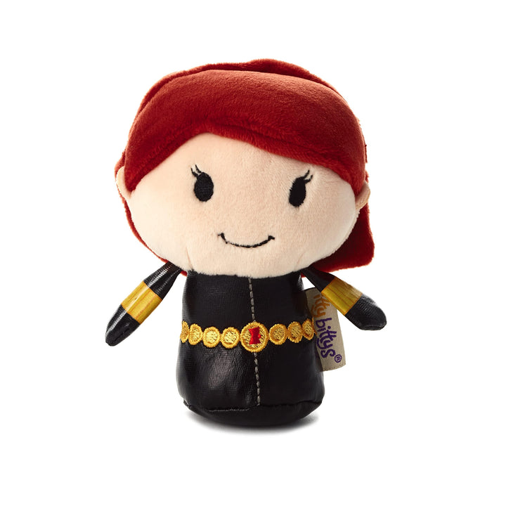 black widow Plush toy with red hair and black outfit on a white background
