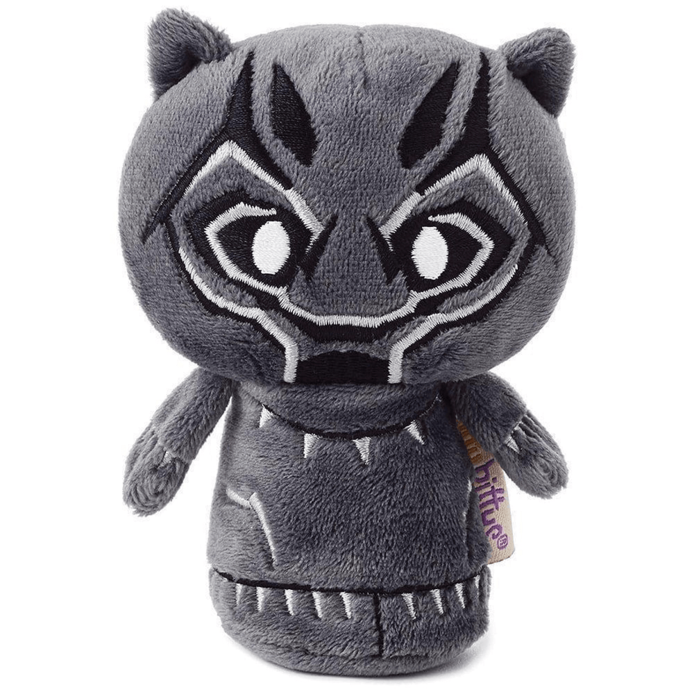 Plush toy resembling marvel's black panther superhero on a white background