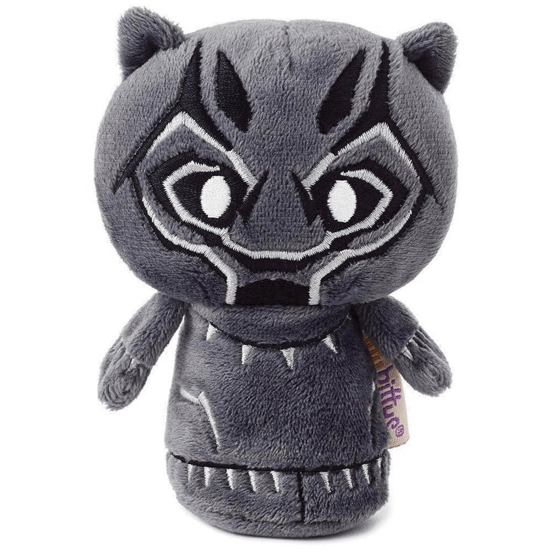 Plush toy resembling marvel's black panther superhero on a white background