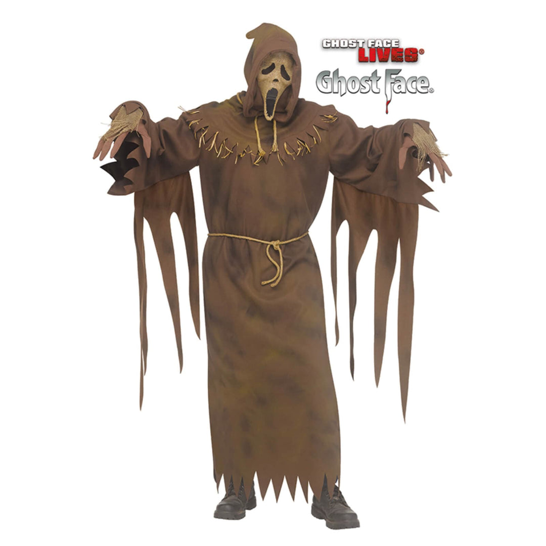 Person wearing a Scarecrow Ghost Face fancy dress costume with brown robe and Scream mask