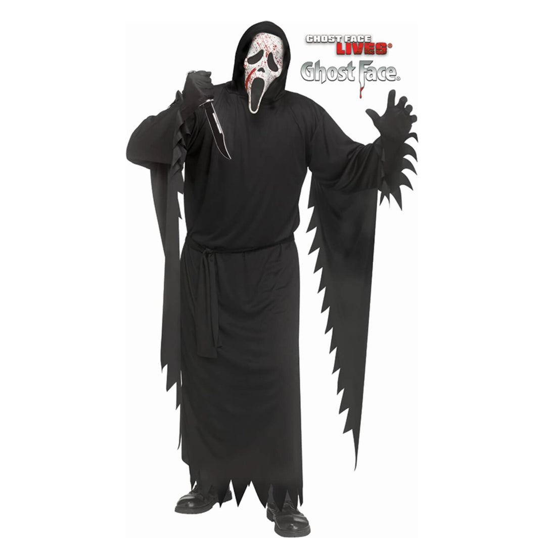 Person wearing a long black robe and Ghost Face mask