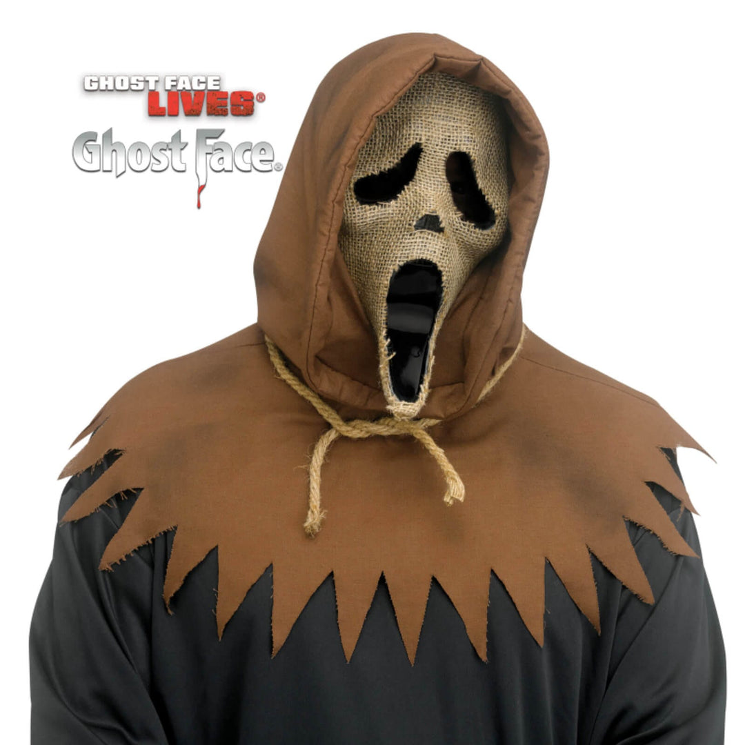 Ghost Face Scarecrow Mask with brown hood and rope round the neck
