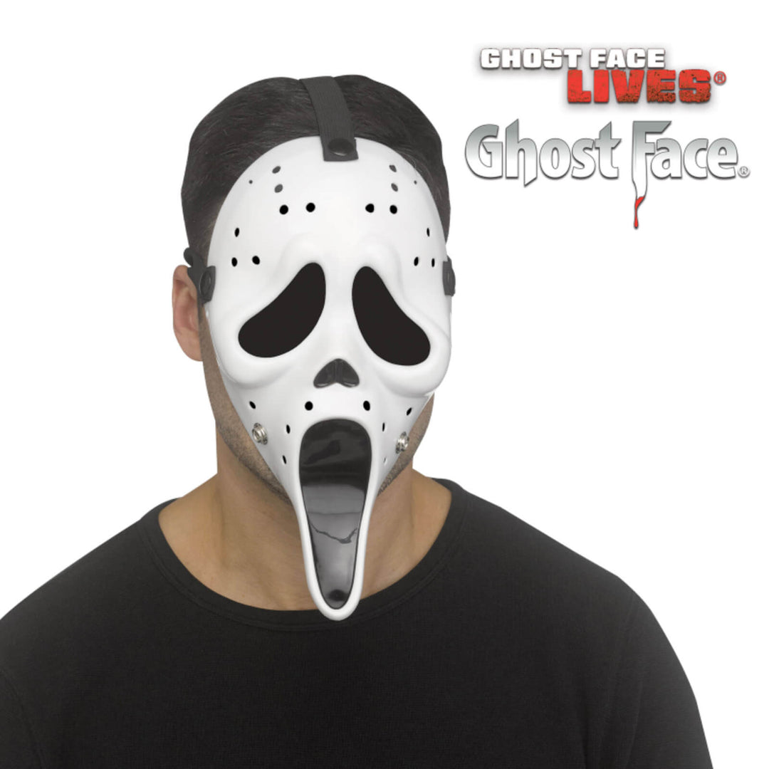 Person wearing a white Ghost face hockey mask for Halloween