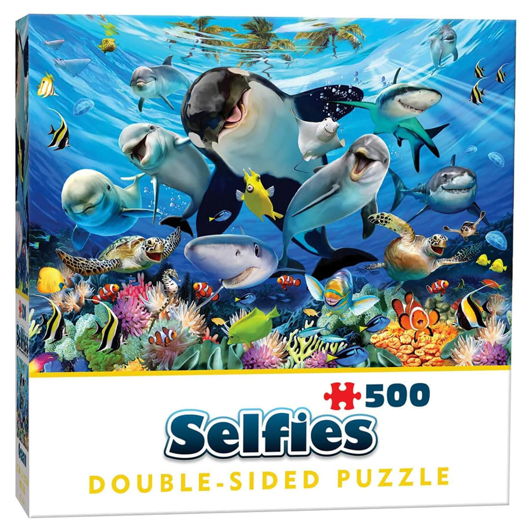 Selfies double sided puzzle box with ocean creatures image