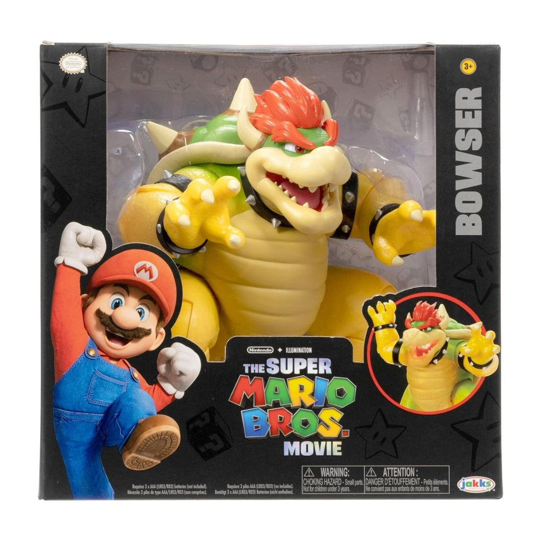 Toy figure of Bowser from 'The Super Mario Bros. Movie' in packaging with Mario on the front.
