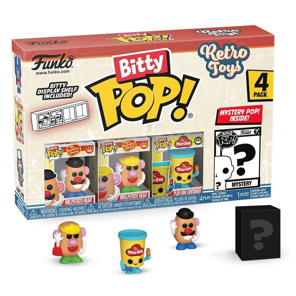 Funko Bitty Pop! Retro Toys 4-pack packaging with figures displayed in front.