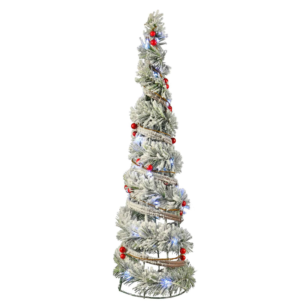 Cone shaped Christmas tree with frosted branches berries and white lights