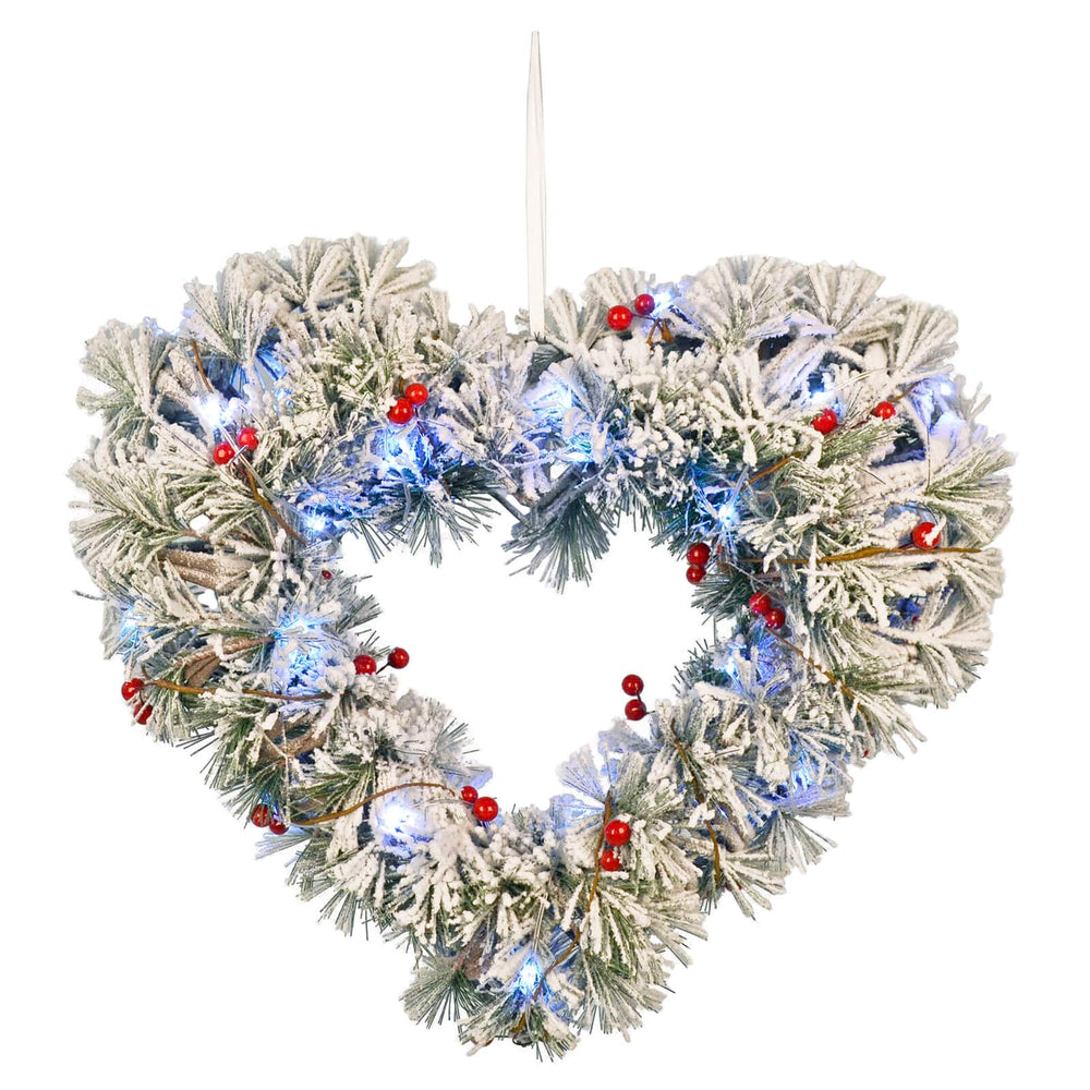 Heart Shaped Christmas wreath with lights berries and frosted branches