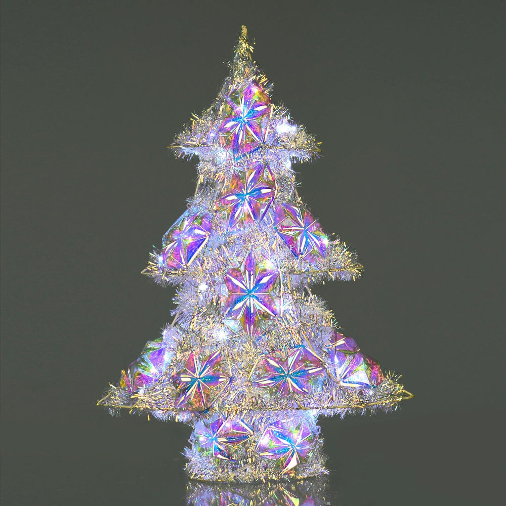 Iridescent Christmas tree with tinsel and LED lights