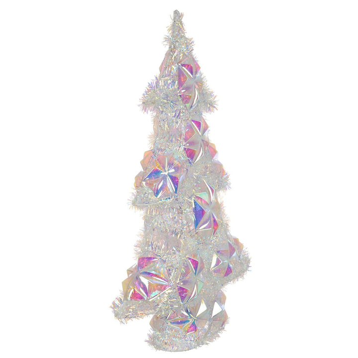 Side view of a multi coloured tinsel light up Christmas tree