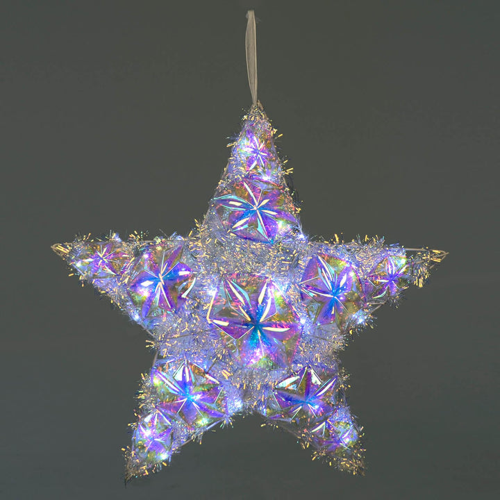 Iridescent Christmas star with LED lights and tinsel