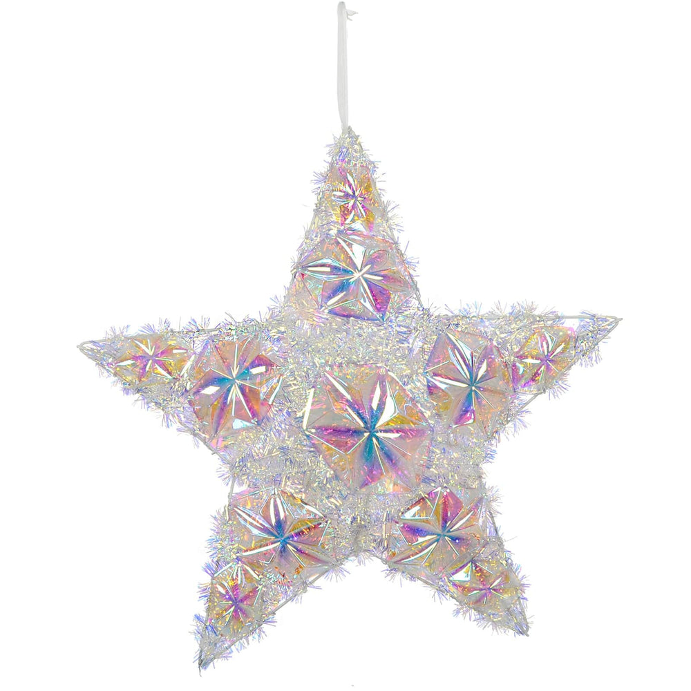 Silver tinsel star Christmas decoration with ridescent panels