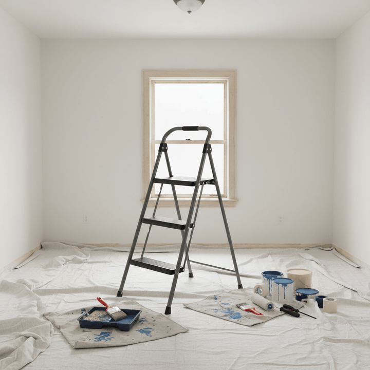 Folding Steel Step Ladder with Handrail Sturdy Compact Home Office