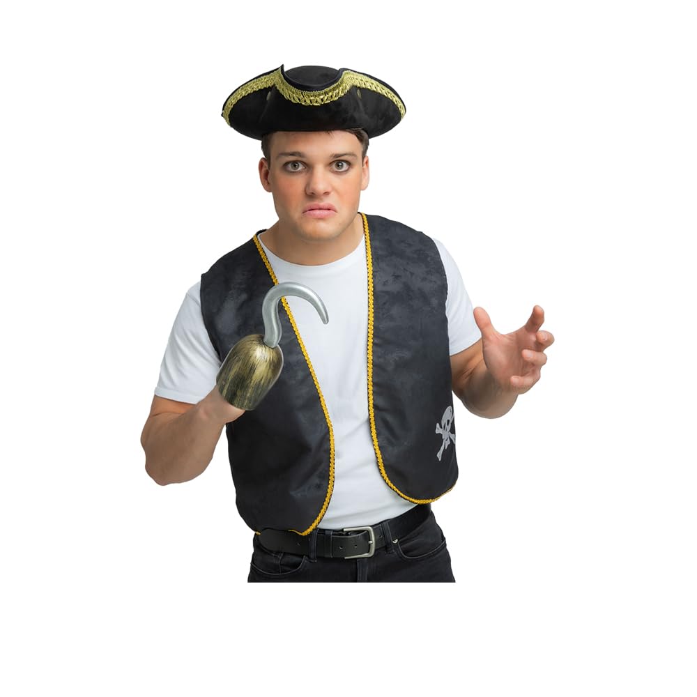Man wearing a pirate outfit with hand hook accessory