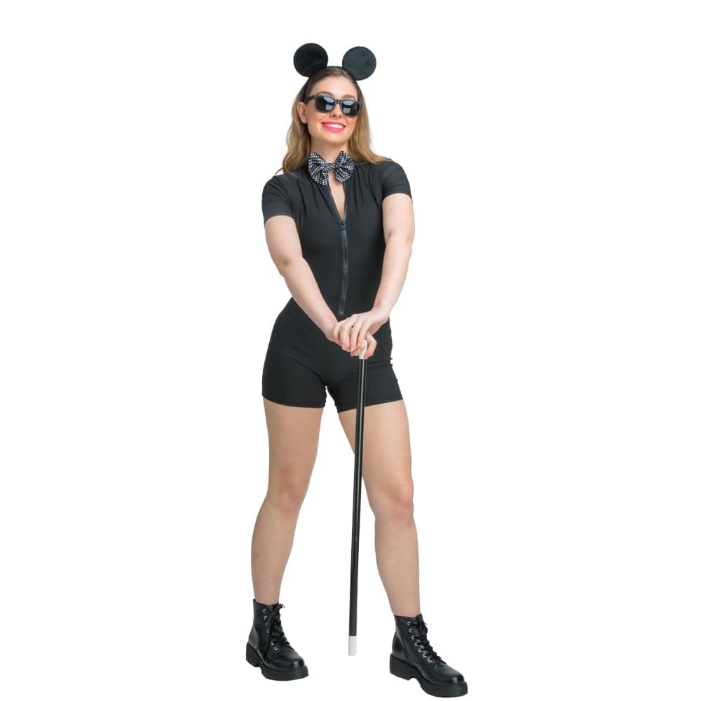 Person in a black outfit with mouse ears and sunglasses, holding a black object on a white background