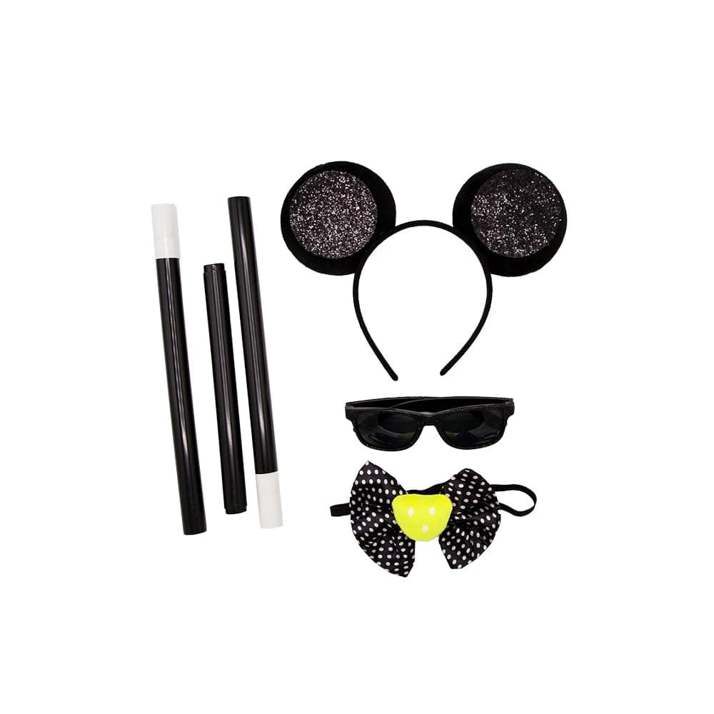 Black glitter mouse ears sunglasses bow tie and 2 piece cane for three blind mice fancy dress costume