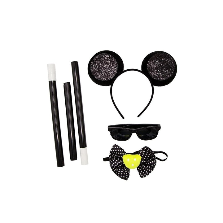 Black glitter mouse ears sunglasses bow tie and 2 piece cane for three blind mice fancy dress costume