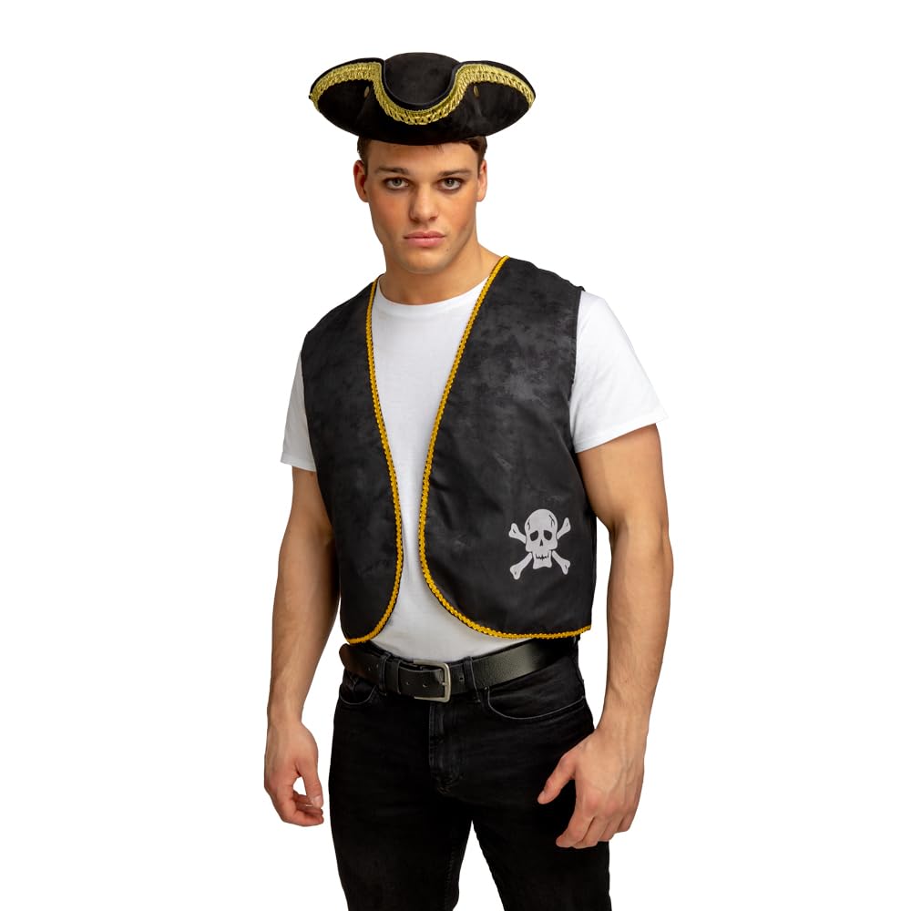 man wearing a black pirate hat and waistcoat with skull and crossbones
