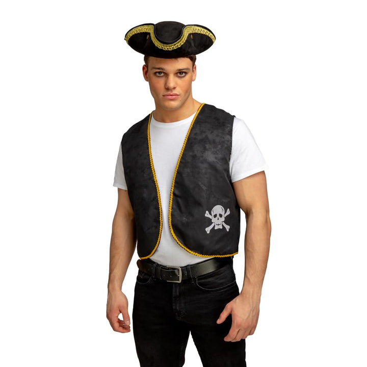 man wearing a black pirate hat and waistcoat with skull and crossbones