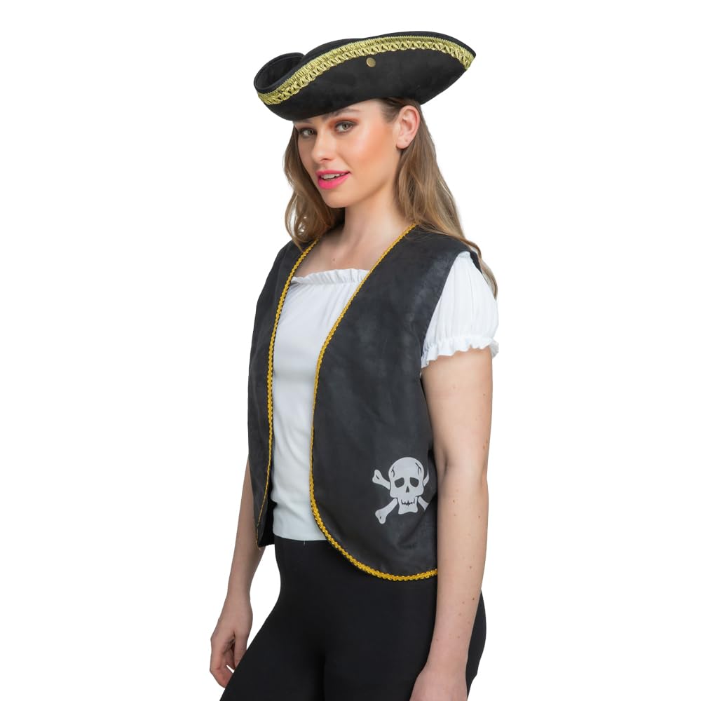 Woman wearing a black tricorn pirate hat and waistcoat fancy dress