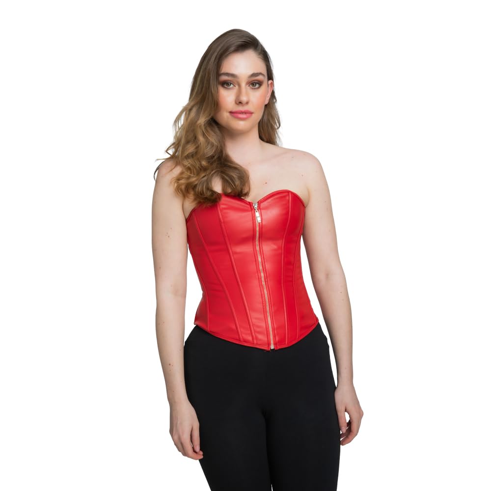 Woman wearing black trousers with a red corset with zipped front